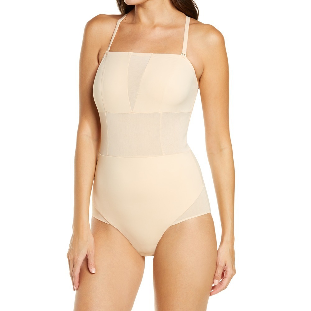 ITEM m6 Mesh Detail Open Back Bodysuit Size Small Apricot